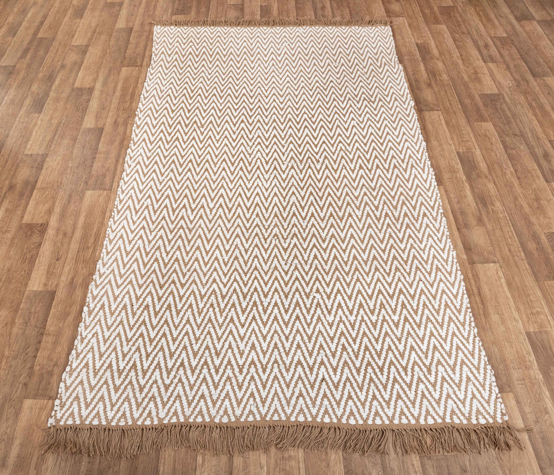 Herringbone White Cotton Jute Hand Woven Soft Flatweave Rug Etsy