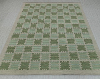 Olive Green Blue Scandinavian Design High Quality Hand Woven Flatweave Kilim Modern Boho Geometric Rug,Customize in Any Size AD-12