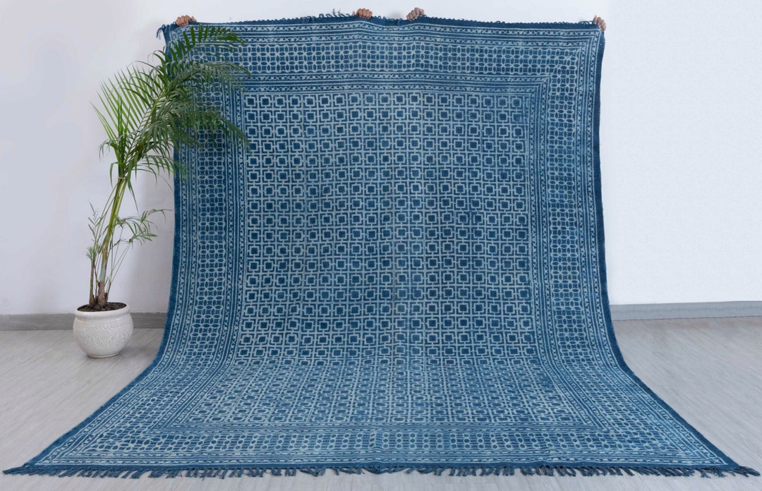 Blue Indigo Block Print Hand Woven Cotton Flatweave Kilim Rug, Boho ...