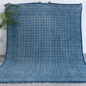 Blue Indigo Block Print Hand Woven Cotton Flatweave Kilim Rug, Boho Blue Rug...#AA-7