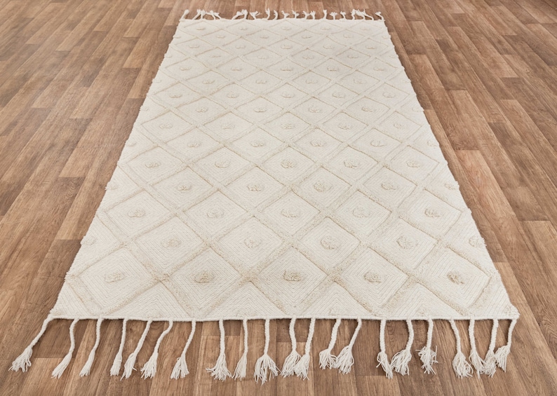 Ivory White Wool Boho Inspired Hand Woven Rug, Bohemian Moroccan Style ...