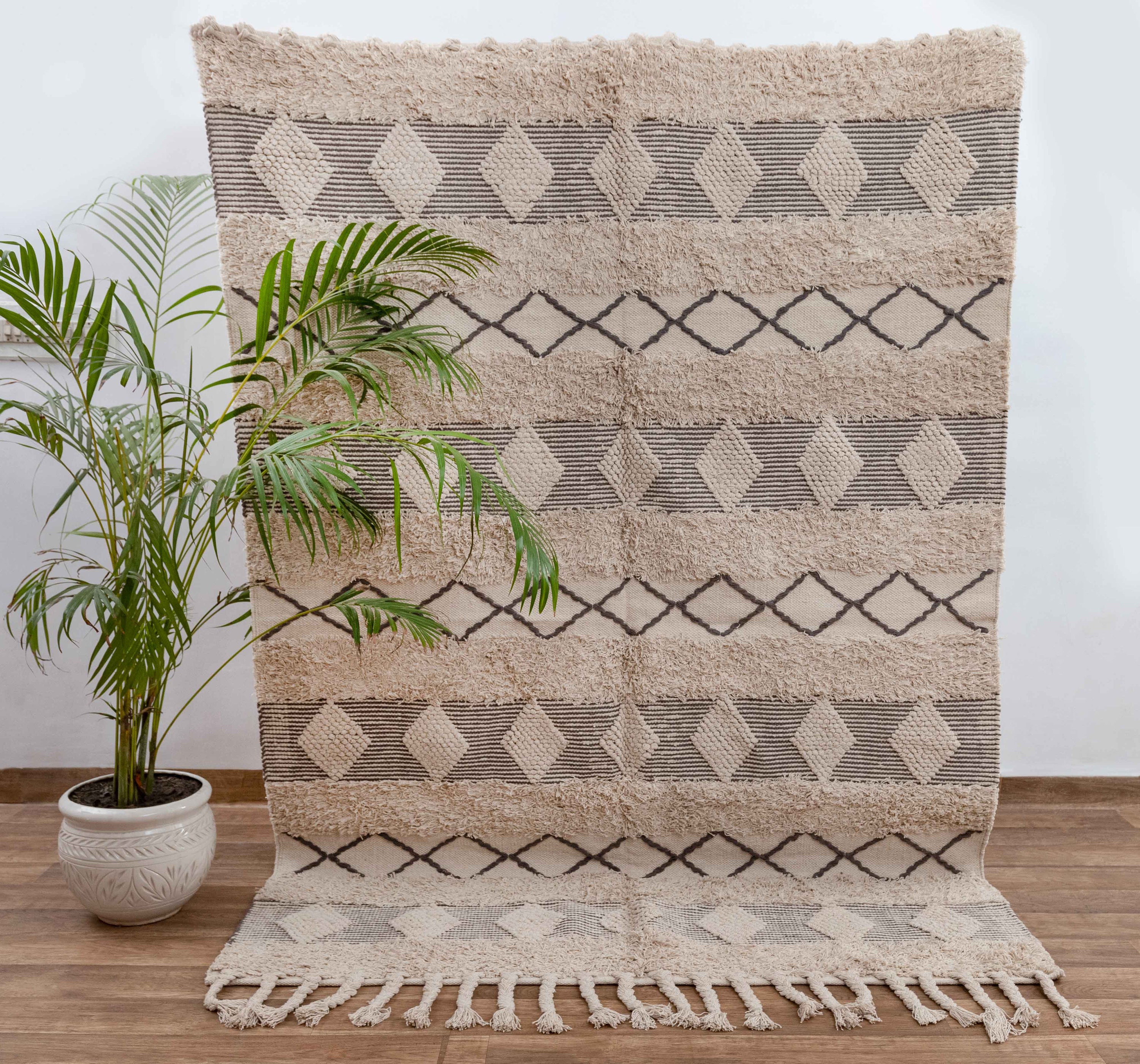 Hand Woven Boho Moroccan Cotton Beige Rug Berber Beni Ourain Etsy