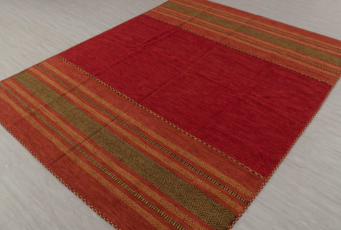 8x10 Red Tribal Style Hand Woven Bohemian Cotton Kilim Rug Etsy
