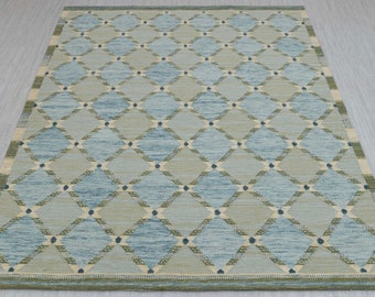 Green Blue Scandinavian Design High Quality Hand Woven Flatweave Kilim Modern Boho Geometric Rug,Customize in Any Size AD-7