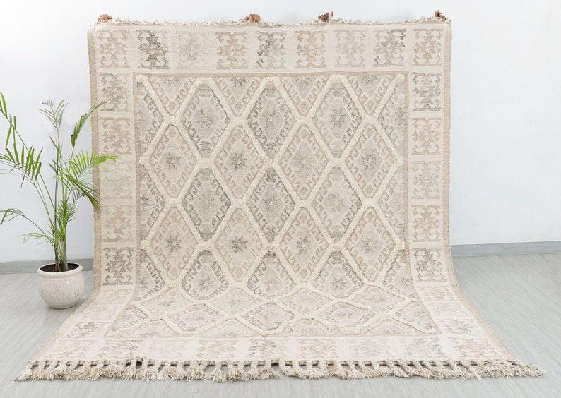Alfombra de inspiración marroquí de lana de marfil natural tejida a mano decoración boho inspirada, decoración boho escandinavaAS-5 imagen 1