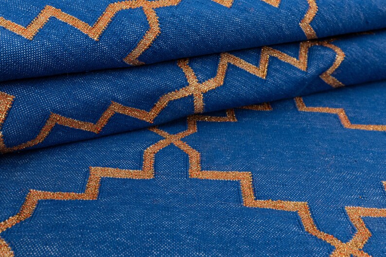 Blue Gold Diamond Geometric Hand Woven High Quality Cotton Flatweave Rug..Sizes-4X6,5X8..#RK-11