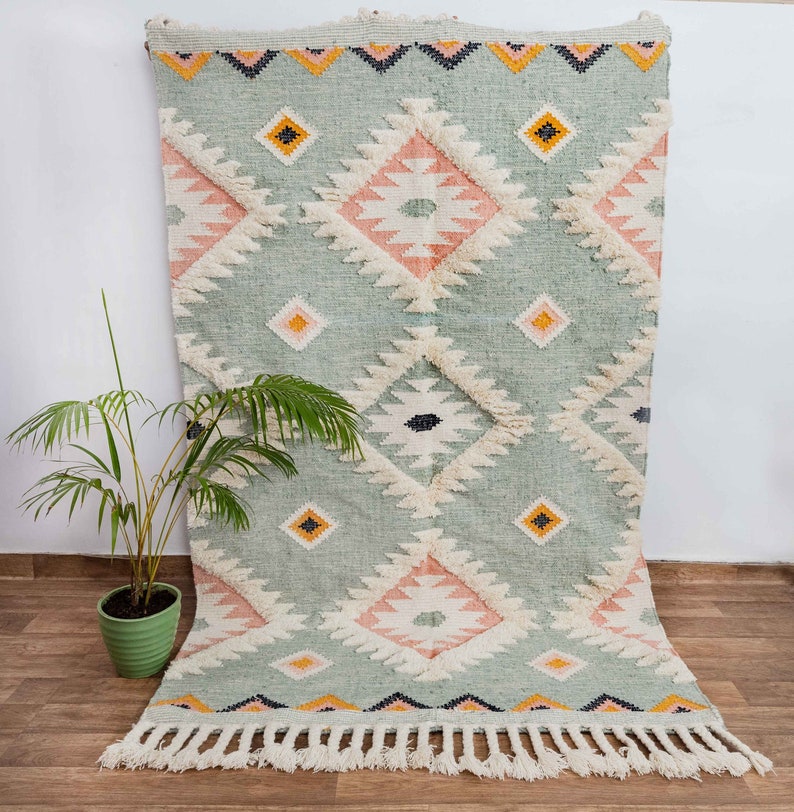 Sea Green Wool Moroccan Rug Hand Woven Bohemian Decor Inspired, Boho Scandinavian DecorAS-2 image 1