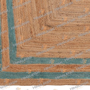 Turquoiose Blue Border Rectangle Jute Handmade Rug, Customize in Any Size and Shape-WR