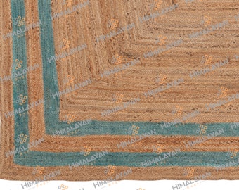 Turquoiose Blue Border Rectangle Jute Handmade Rug, Customize in Any Size and Shape-WR