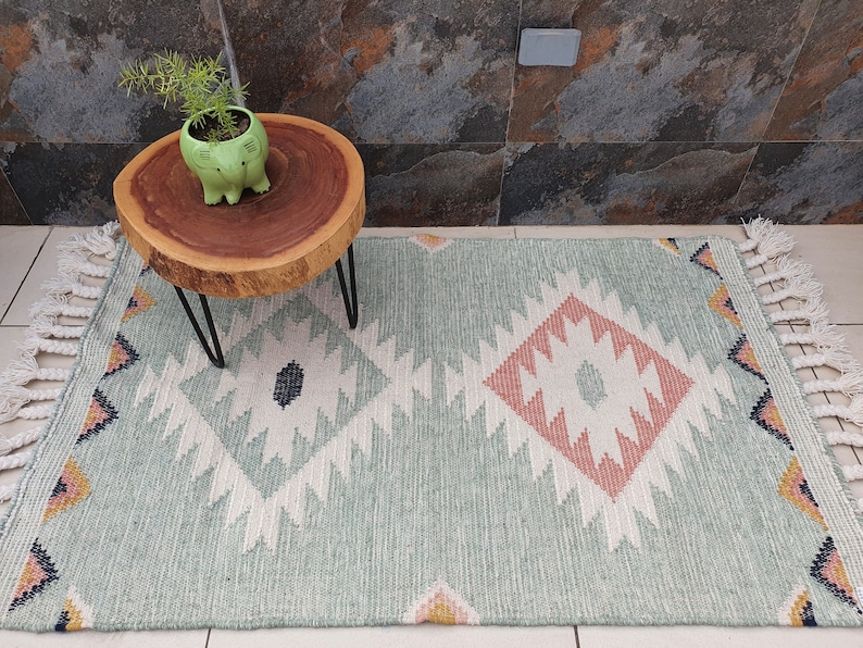 Sea Green Wool Moroccan Rug Hand Woven Bohemian Decor Inspired, Boho Scandinavian DecorAS-2 image 4