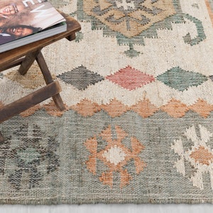 Cream Green Living Room Rug  Jute  Flatweave Premium  Rug Hand Woven Decor Inspired, Boho Scandinavian Decor- CS-1
