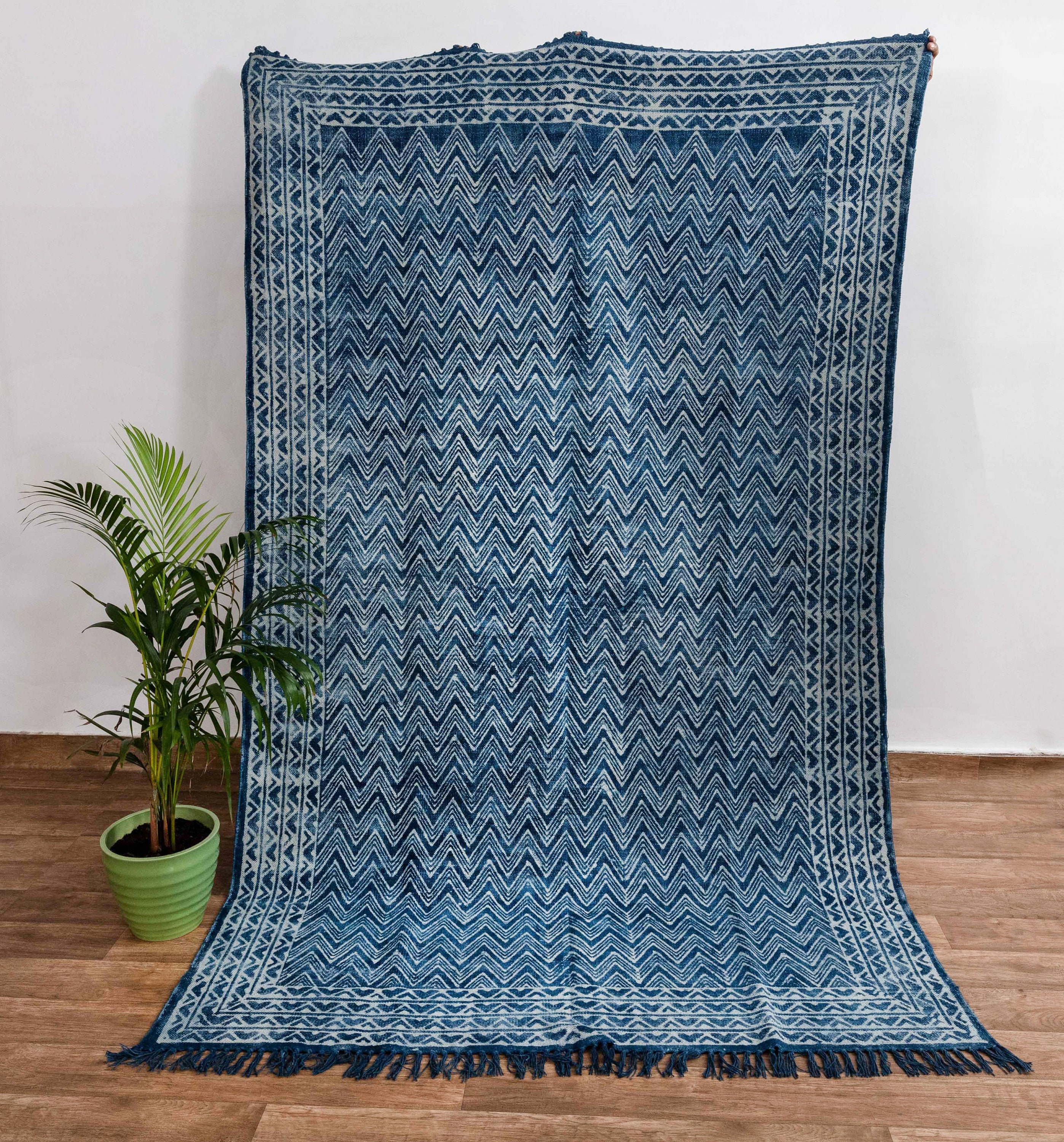 Blue Indigo Hand Woven Cotton Flatweave Kilim Rug, Boho Blue Rug...#AA-3 Sizes 5x8,6x9,8x10,9x12