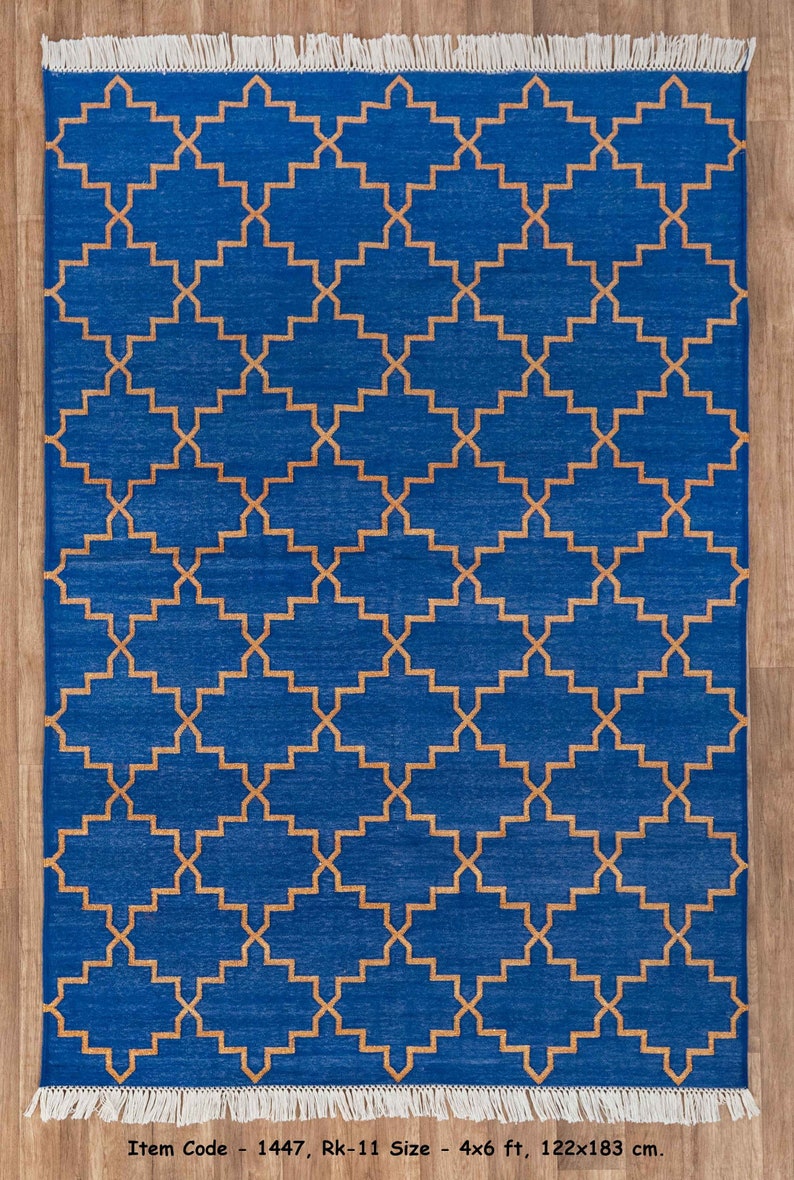 Blue Gold Diamond Geometric Hand Woven High Quality Cotton Flatweave Rug..Sizes-4X6,5X8..#RK-11