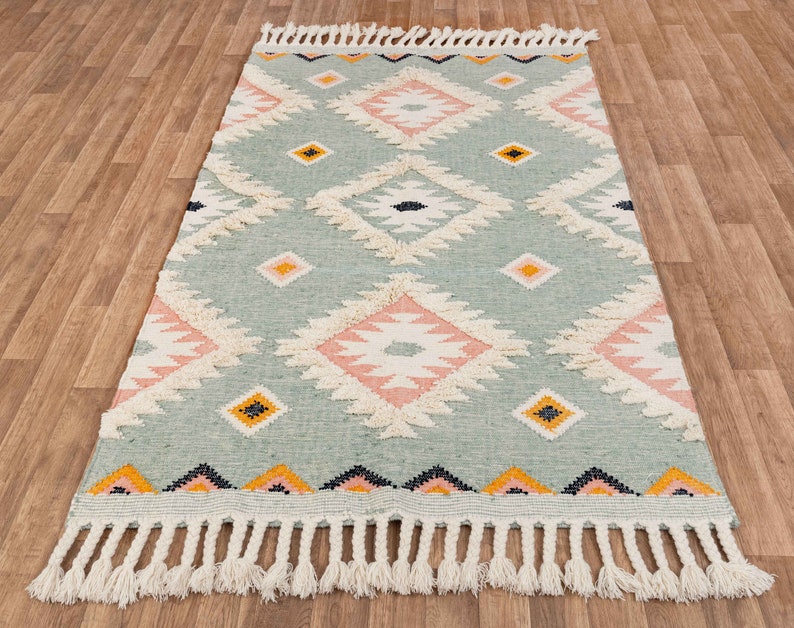 Sea Green Wool Moroccan Rug Hand Woven Bohemian Decor Inspired, Boho Scandinavian DecorAS-2 image 5