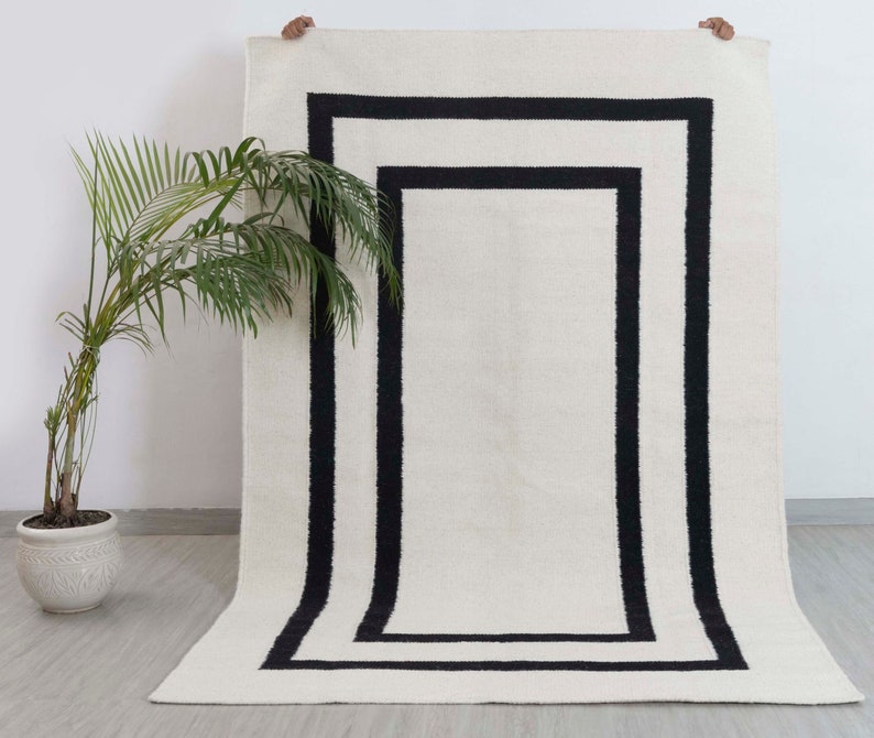 White & Black Stripes Moroccan Bohemian Decor Inspired Hand Woven Wool Cotton Boho Rug, Tn-38 image 1