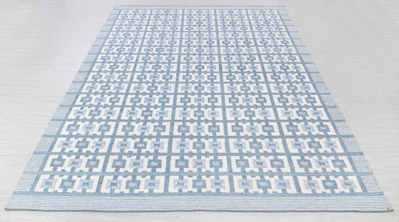 Ivory Blue Scandinavian Design High Quality Hand Woven Flatweave Kilim Modern Boho Geometric Rug,Customize in Any Size-AD-3 image 4