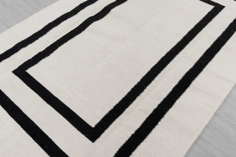 White & Black Stripes Moroccan Bohemian Decor Inspired Hand Woven Wool Cotton Boho Rug, Tn-38 image 3