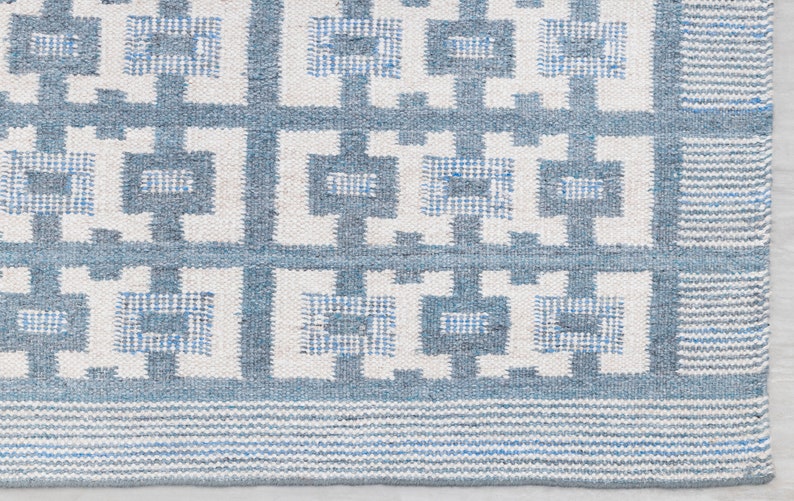 Ivory Blue Scandinavian Design High Quality Hand Woven Flatweave Kilim Modern Boho Geometric Rug,Customize in Any Size-AD-3 image 9