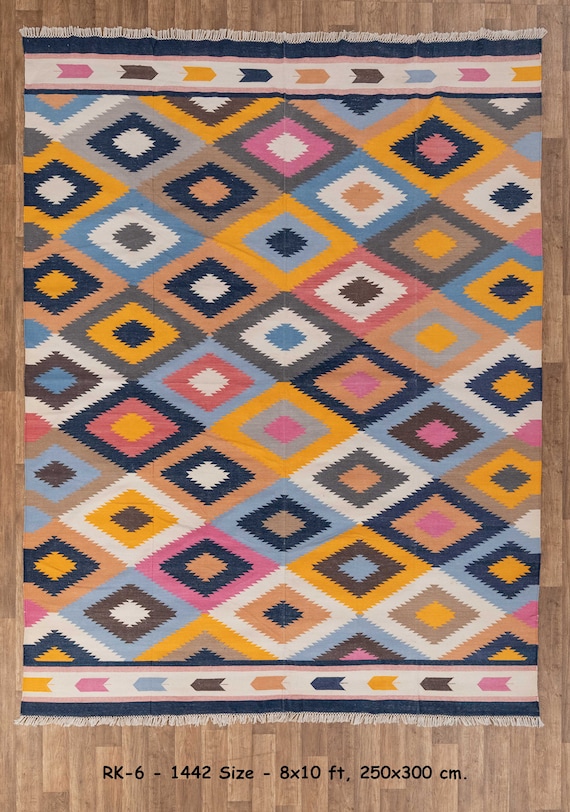 8x10 Rug Fun Colors High Quality Hand Woven Flatweave Kilim Rug, Washable Cotton Rug #RK-6