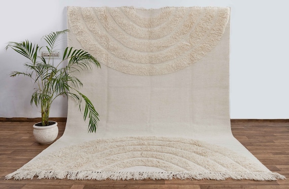 Ivory White Wool Natural Hand Woven Boho Rug, Customize in any size-SS2