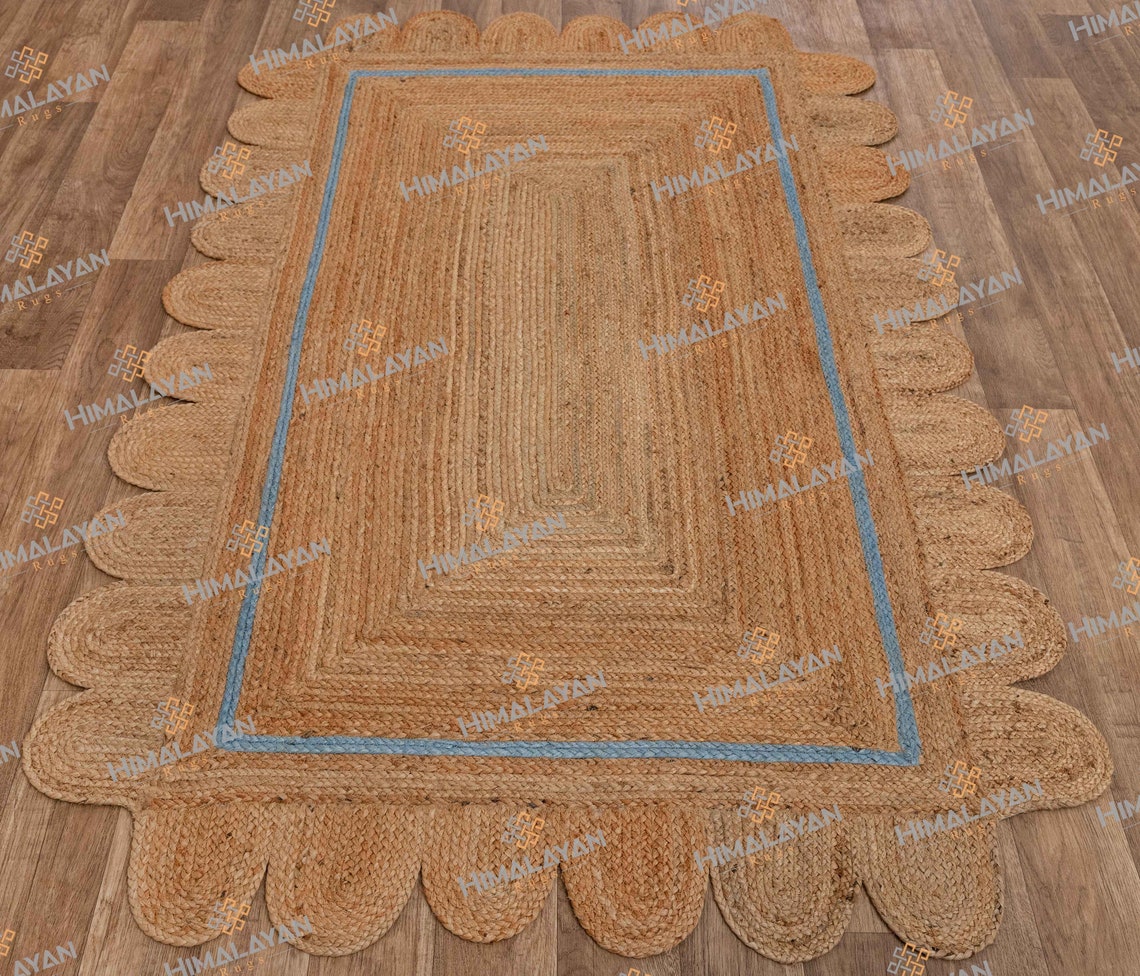 Jute Scallop Single Light Blue Border Handmade Boho Rug Etsy