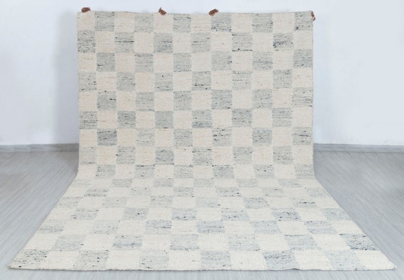 Ivory Grey Cheque Pattern Design Rug Wool Moroccan Inspired - Etsy
