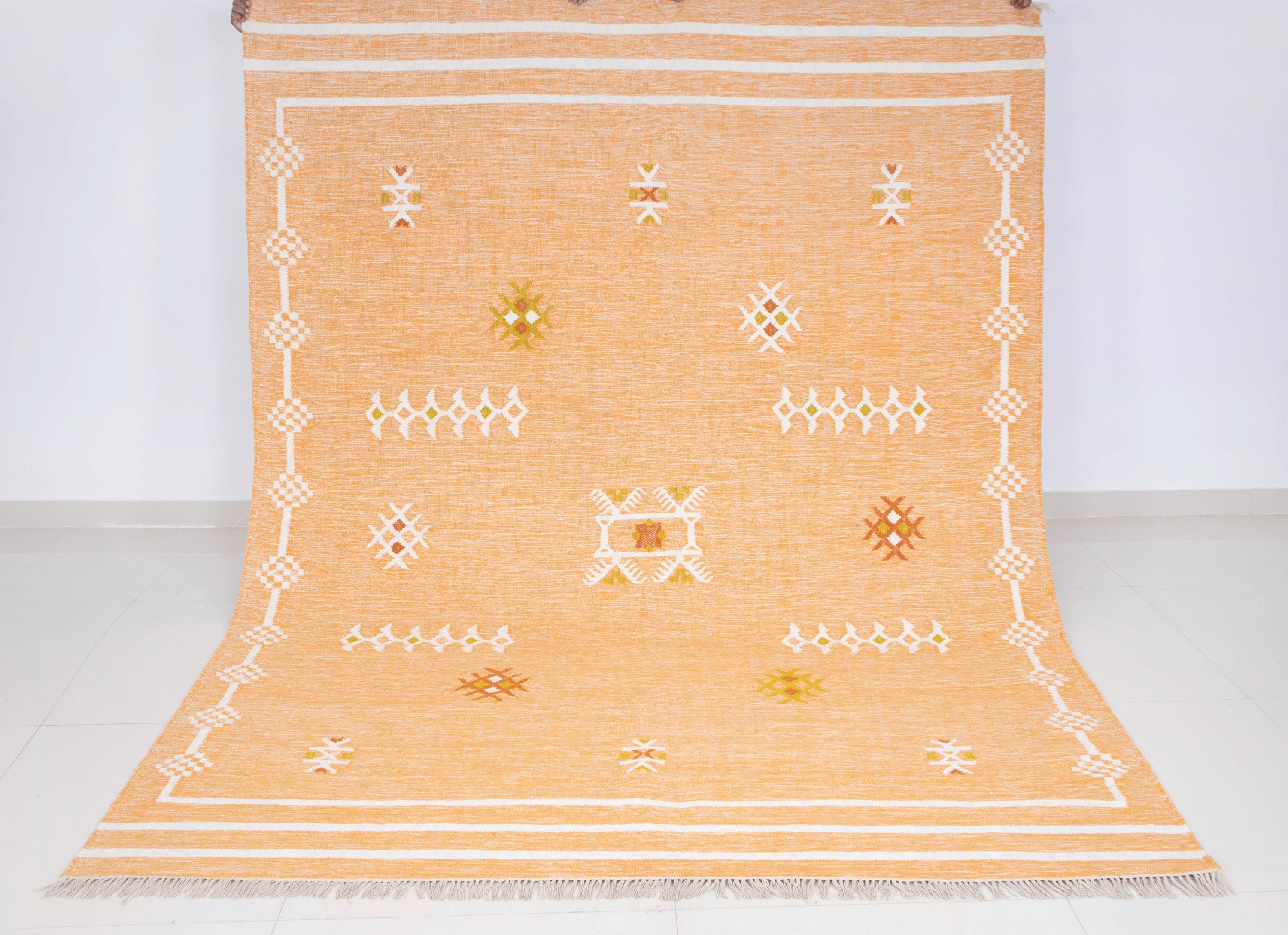 Orange Bohemian Soft Wool Boho Moroccan Rug Hand Woven Bohemian Decor Inspired, Boho Scandinavian Decor- As-24