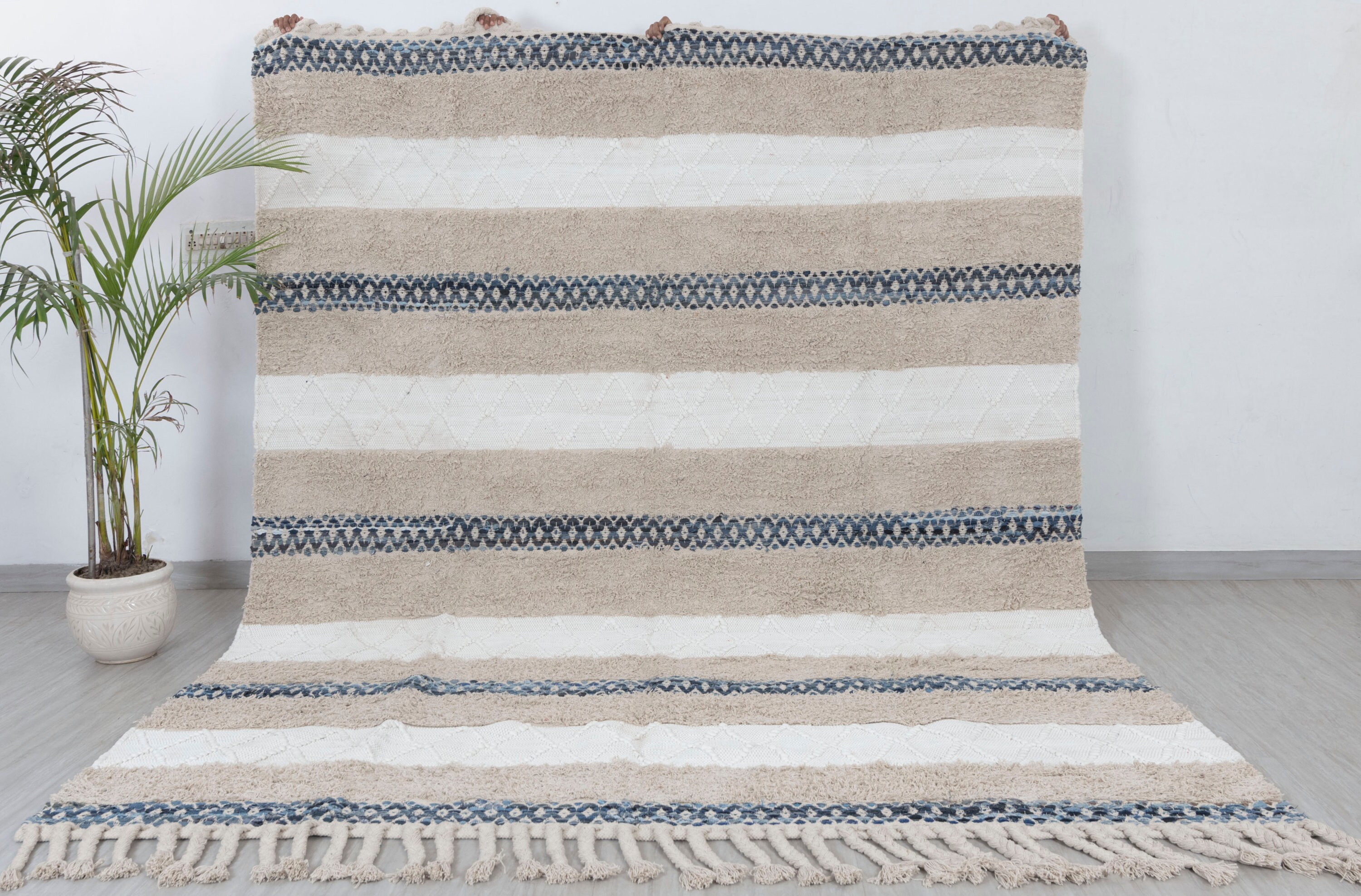 White Blue Beach Style Handmade Cotton Denim Boho Moroccan Washable Rug. MD-22
