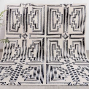 Tappeto in lana di alta qualità, tessuto a mano, con motivo geometrico moderno, bianco e blu navy, personalizzabile in qualsiasi dimensione - TN-26