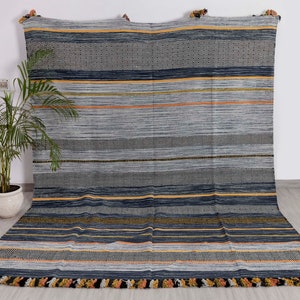 Blue Hand Woven Cotton Tribal Bohemian Kilim Rug, Stripes Flatweave Handmade -#OM-5