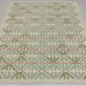 Green Swedish Scandinavian Design High Quality Hand Woven Flatweave Kilim Modern Boho Geometric Rug,Customize in Any Size AD-8