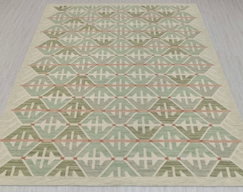 Green Swedish Scandinavian Design High Quality Hand Woven Flatweave Kilim Modern Boho Geometric Rug,Customize in Any Size AD-8