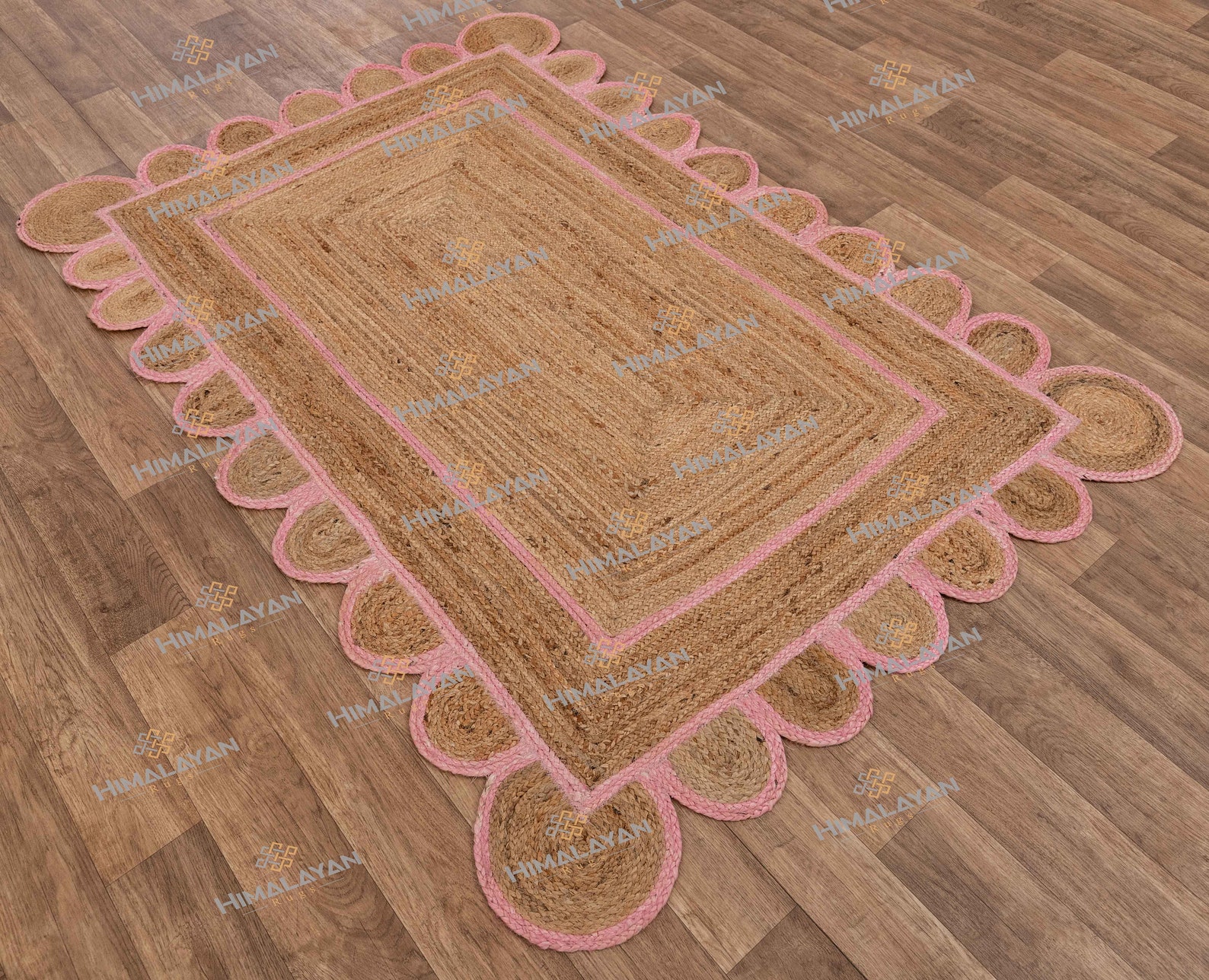 Soft Pink Border Jute Scalloped Handmade Rug Pink Jute Rugs Etsy UK