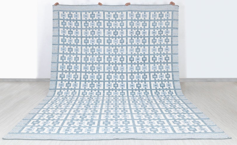 Ivory Blue Scandinavian Design High Quality Hand Woven Flatweave Kilim Modern Boho Geometric Rug,Customize in Any Size-AD-3 image 1