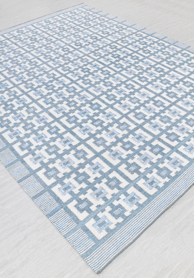 Ivory Blue Scandinavian Design High Quality Hand Woven Flatweave Kilim Modern Boho Geometric Rug,Customize in Any Size-AD-3 image 6