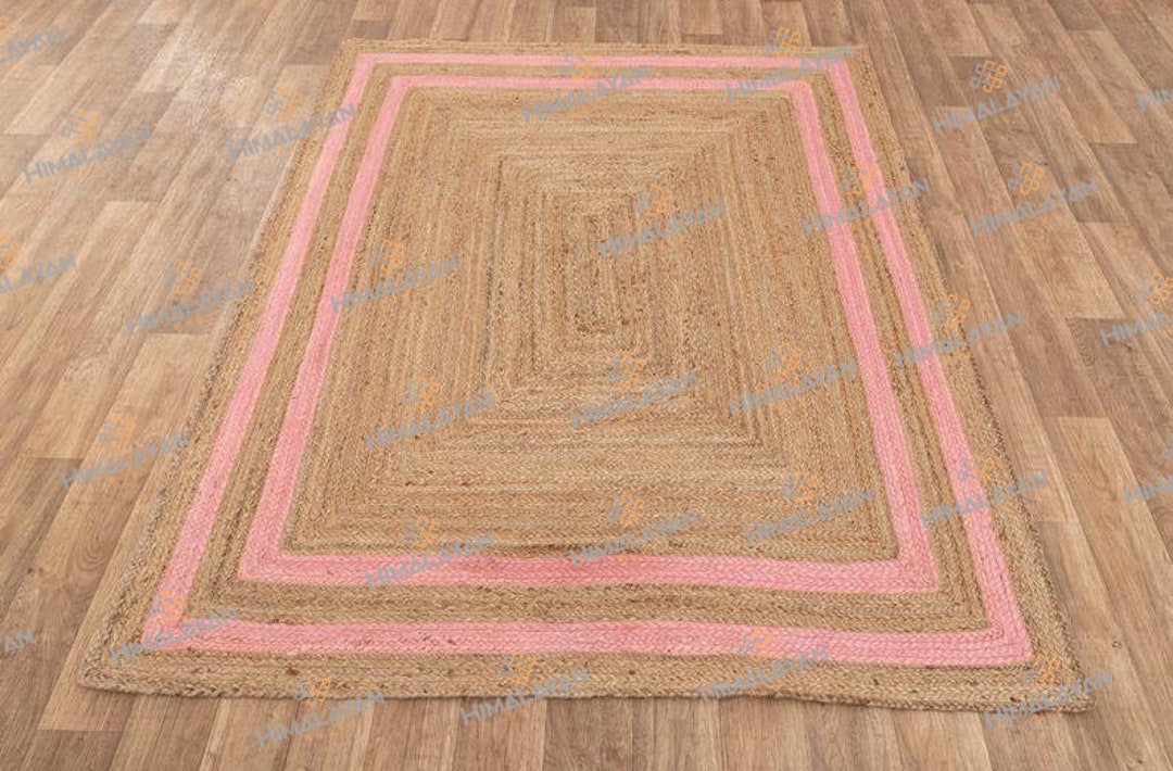 Pink Stripes Jute Rectangle Handmade Rug, Bohemian Jute Rug...customize