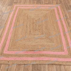 Pink Stripes Jute Rectangle Handmade Rug, Bohemian Jute Rug...Customize in Any Size...#JRP