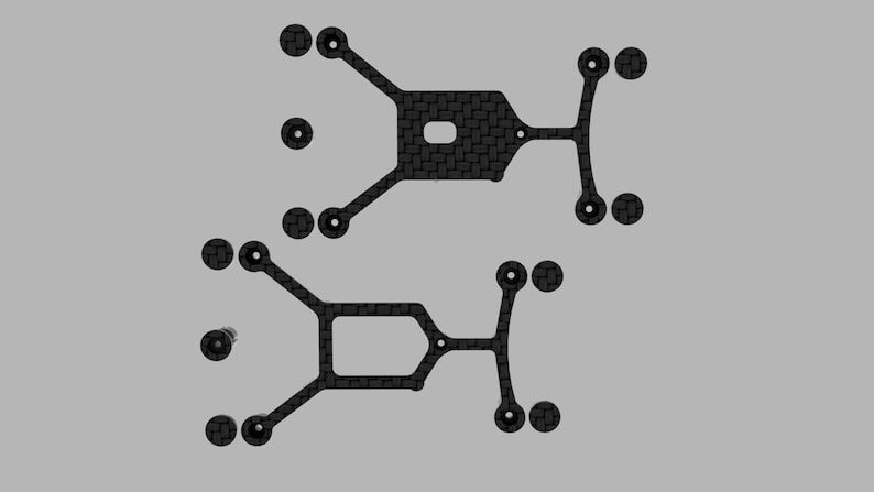 May include: Two black carbon fiber drone frame plates with a woven texture. Each plate features a central rectangular cutout, four extended arms with circular mounting holes at the ends, and additional small circular components positioned nearby.