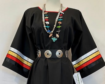 Native American Regalia Traditional Pow Wow Ladies BLACK Ribbon Dress with FOUR DIRECTIONS Ribbons