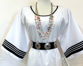 Native American Traditional Ladies Pow Wow WHITE Ribbon Blouse© with BLACK ribbons