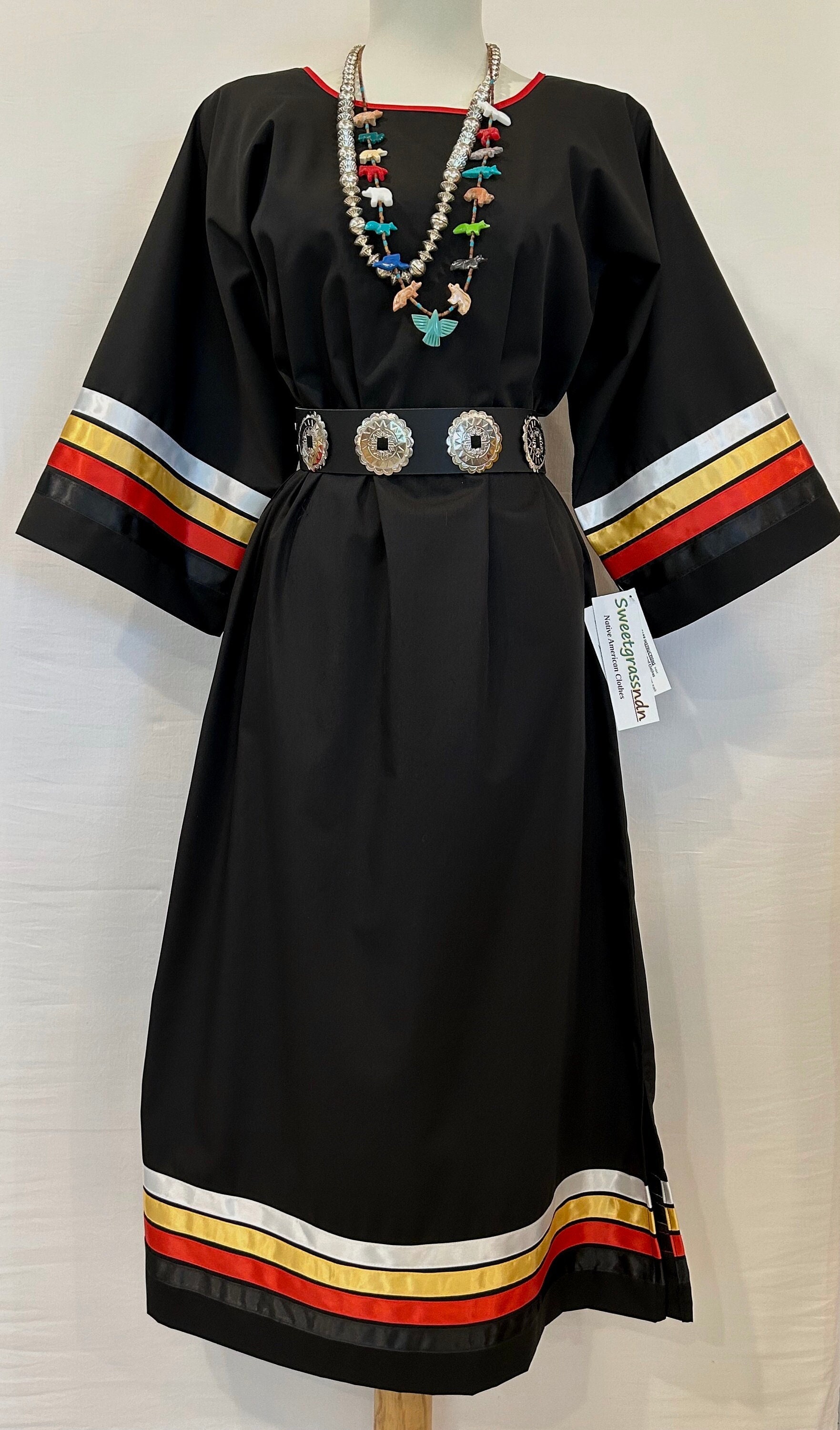 Native American Regalia Traditional Pow Wow Ladies BLACK Ribbon Dress with FOUR DIRECTIONS Ribbons