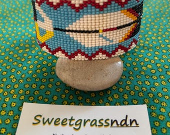 Native American FEATHER and MEDICINE WHEEL Design Beaded Cuff Bracelet