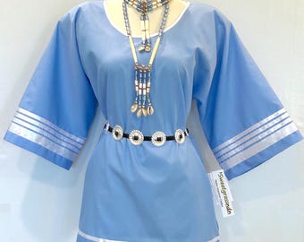 Native American Traditional Ladies Pow Wow SKY BLUE Ribbon Blouse© with WHITE ribbons