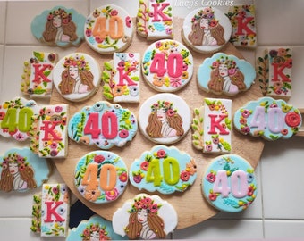 12 birthday cookies, 40th birthday cookies, decorated birthday cookies, royal icing cookies, happy 40th birthday, floral cookies