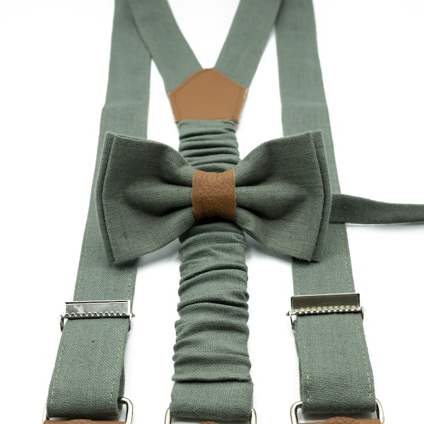 Eucalyptus Mens Suspenders and Bow Tie Set, Groomsman Bowtie, Sage Groom Braces for Adults and Boys