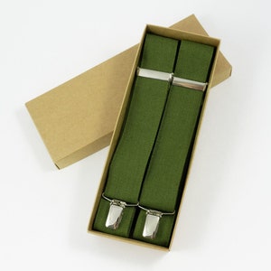 OLIVE GREEN Y-back wedding suspenders for groomsmen and groom - Olive green linen braces for men and boys