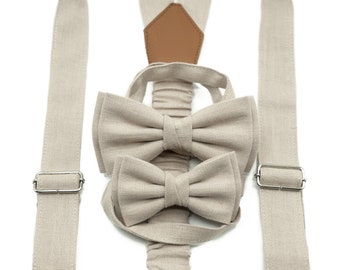 Father & Son Beige Suspender and Bow Tie Set | Matching Family Accessories