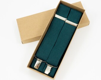 TEAL GREEN Y-back wedding suspenders for groomsmen and groom - Teal green linen braces for men and boys