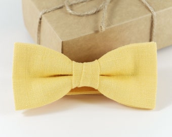 Noeud papillon de mariage de couleur JAUNE | Noeuds papillons de garçons d'honneur en lin jaune pour les mariages d'été