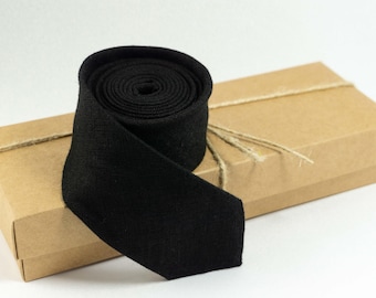 Corbata de lino negra, estrecha y regular (corbata de boda para hombres y niños)